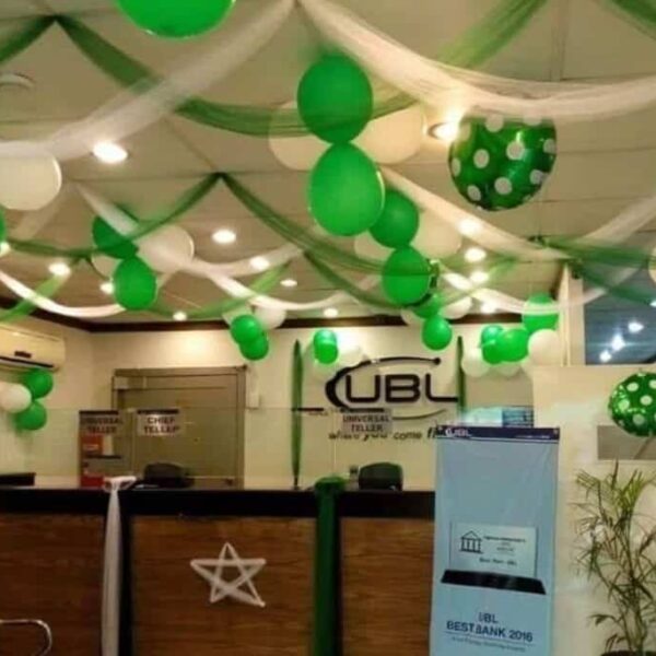14 August Office Decoration Setup – Green & White Balloon Theme