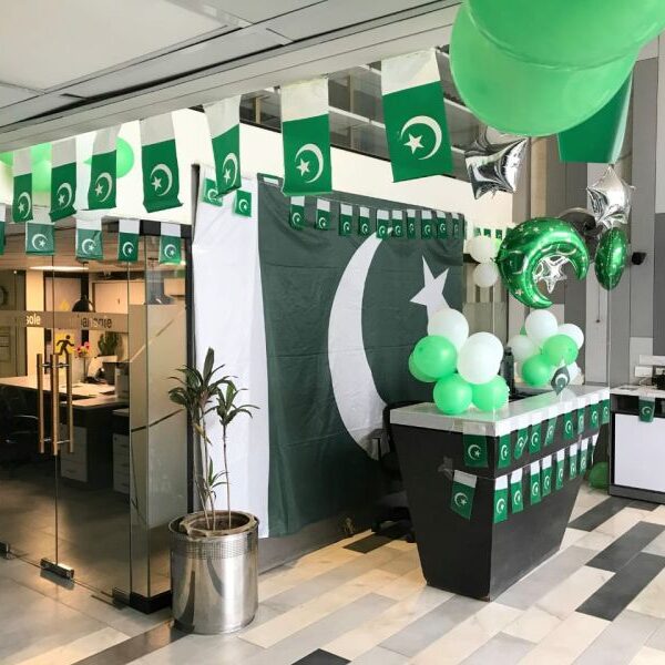 14 August Reception Area Decoration with Flags and Balloons