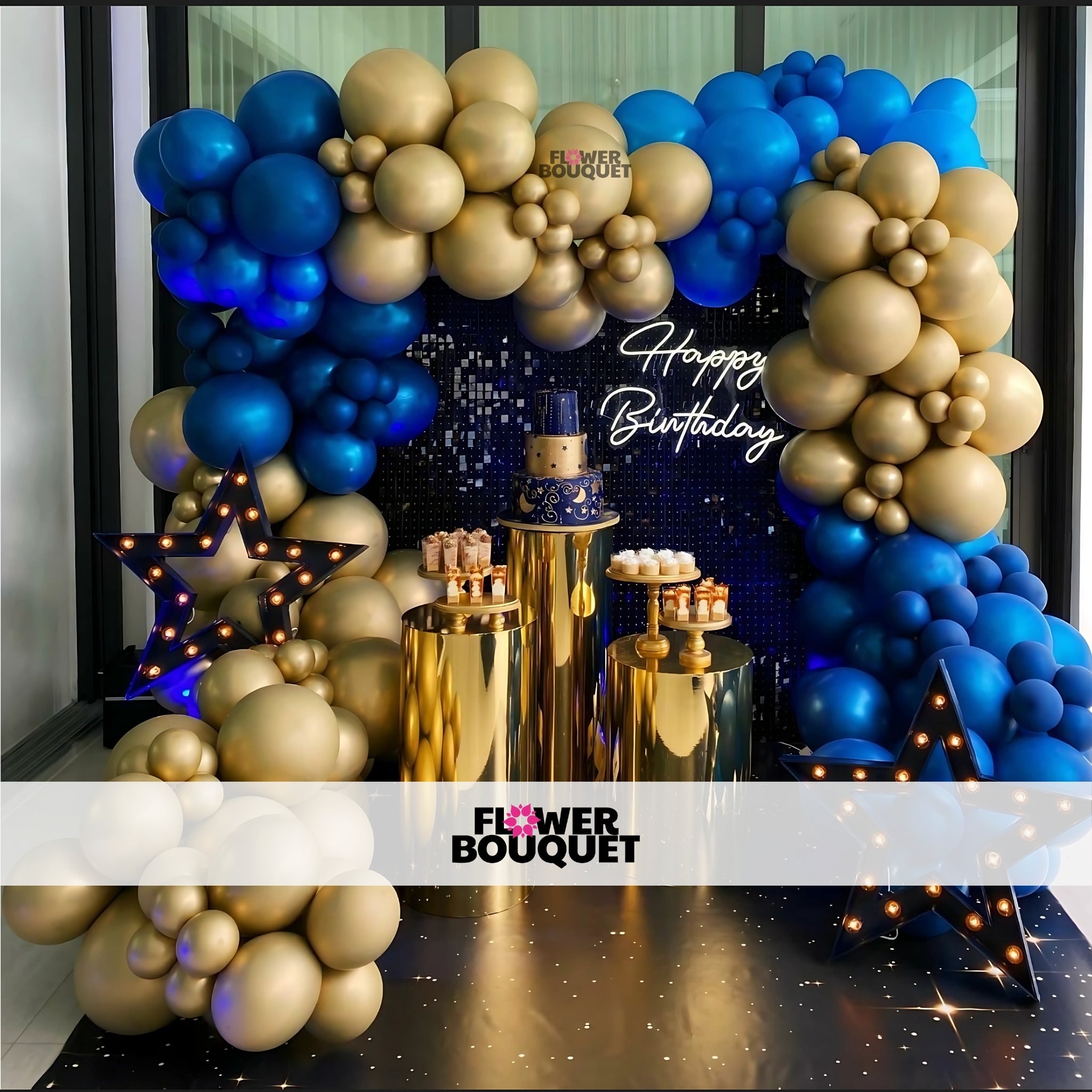 Elegant Blue and Gold Birthday Celebration Setup