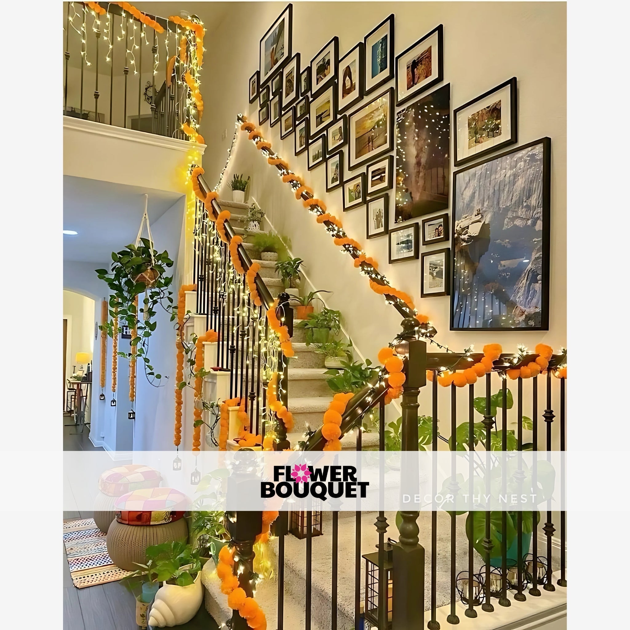 Festive Marigold Garland with String Lights for Stairs