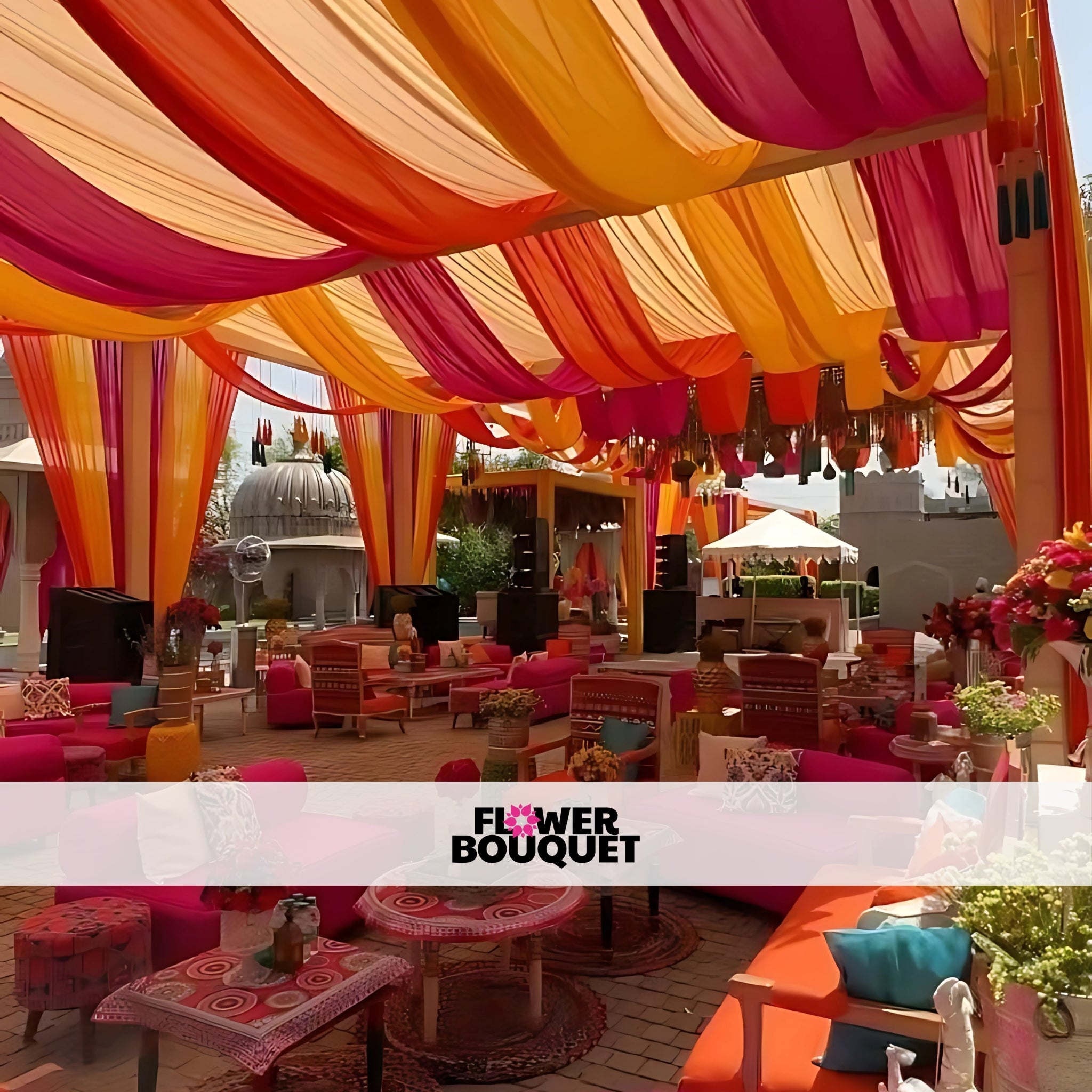 Outdoor Mehndi Decor with Vibrant Canopy & Traditional Seating