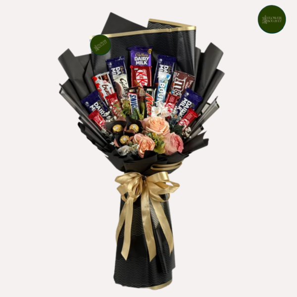 Cocoa Bliss Assorted Chocolate and Peach Rose Bouquet