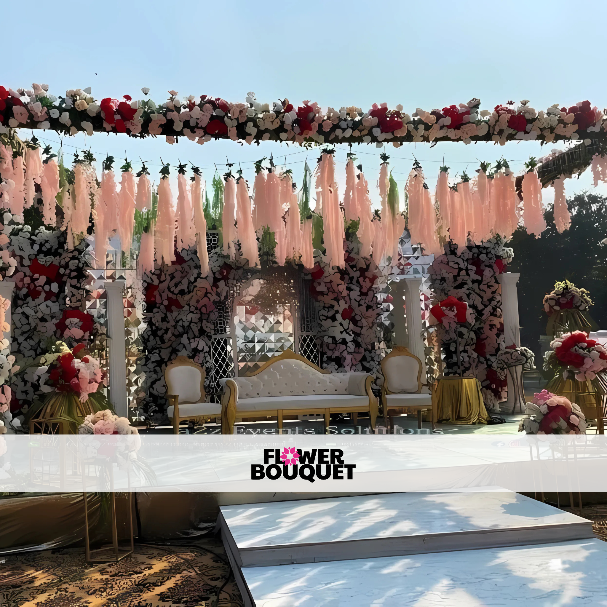 Floral Fantasy Outdoor Wedding Stage with Blush Drapes & Canopy
