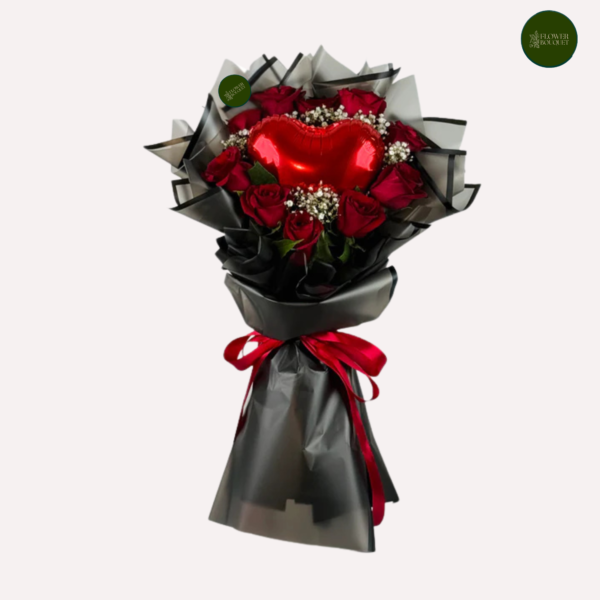 Midnight Love Red Rose Bouquet with Heart Balloon