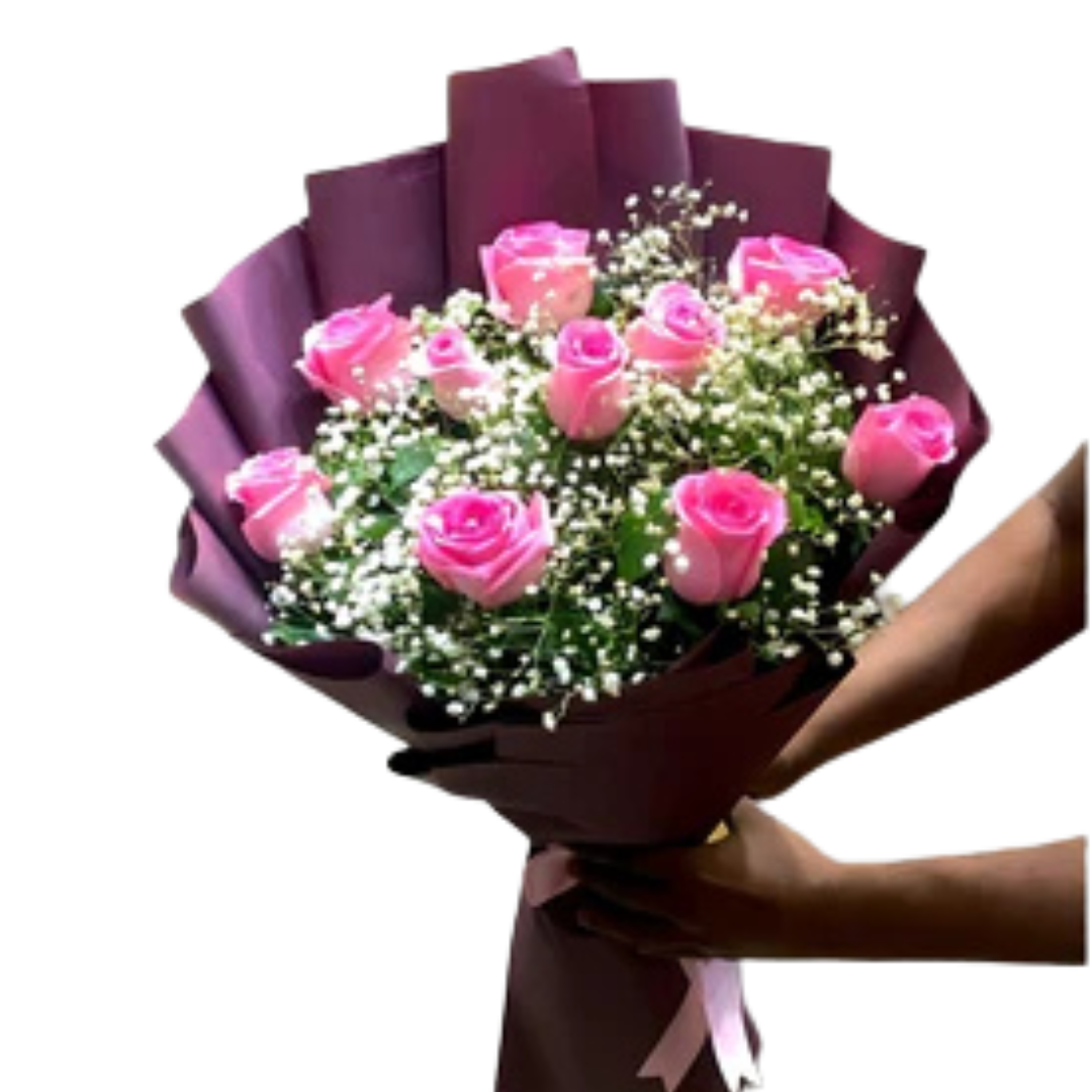 Elegant Pink Rose Bouquet in Purple Wrapping