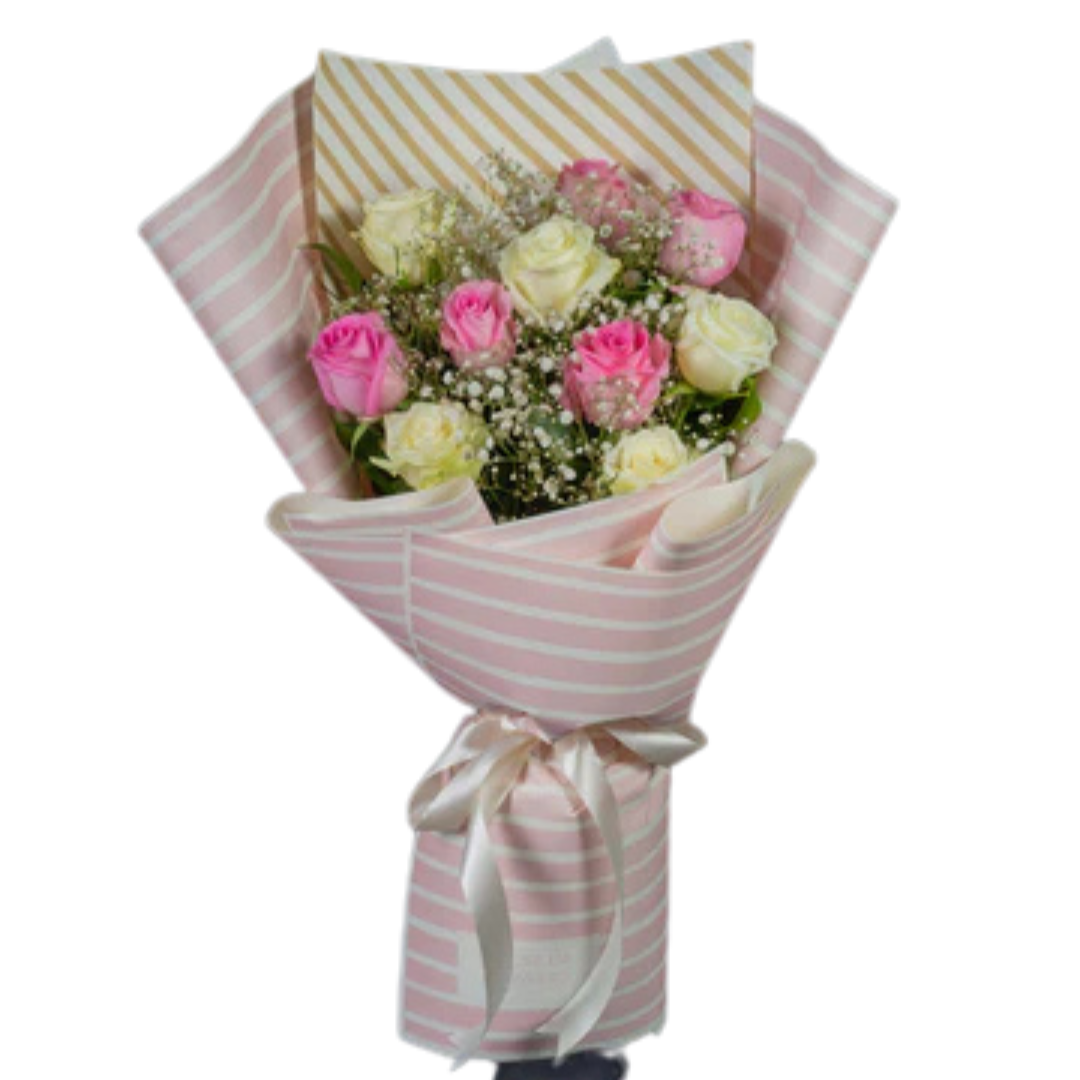 Pink & White Rose Bouquet with Baby's Breath | Elegant Gift
