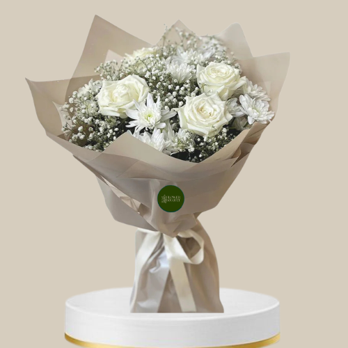 Ivory Aura White Rose and Chrysanthemum Minimalist Bouquet