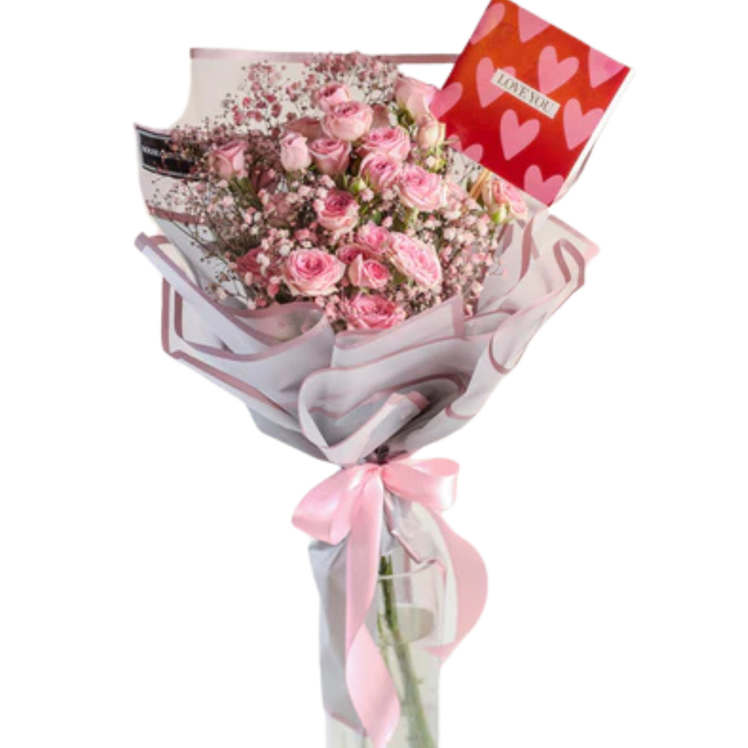 Pink Rose & Baby's Breath Bouquet with Love Card | Romantic Gift