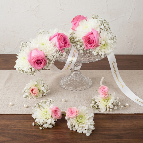 Pink Rose Floral Jewelry Set for Bridal Events and Engagements