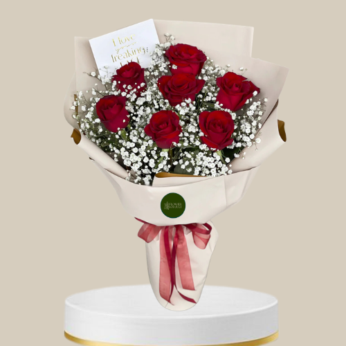 Velvet Crush Red Rose Bouquet with Baby's Breath