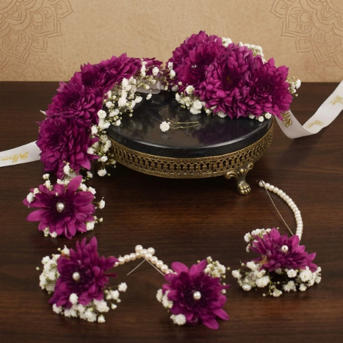 Purple Floral Jewelry Set with Pearl Accents for Weddings