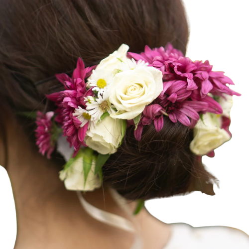 Fresh Floral Bun Gajra - White Roses & Purple Chrysanthemums