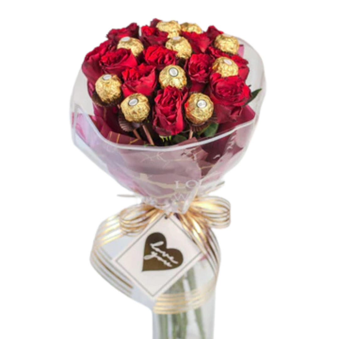 Queen's Aura 12 Roses & Ferrero Rocher Bouquet | Elegant Gift
