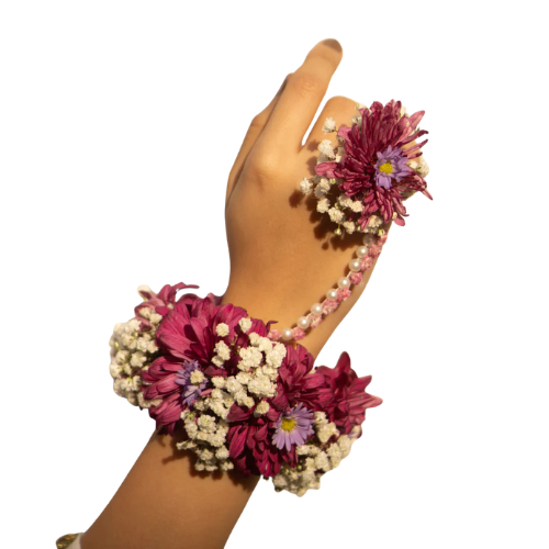 Fresh Floral Gajra Chain Set - Purple Chrysanthemum, Ring & Pearl Chain