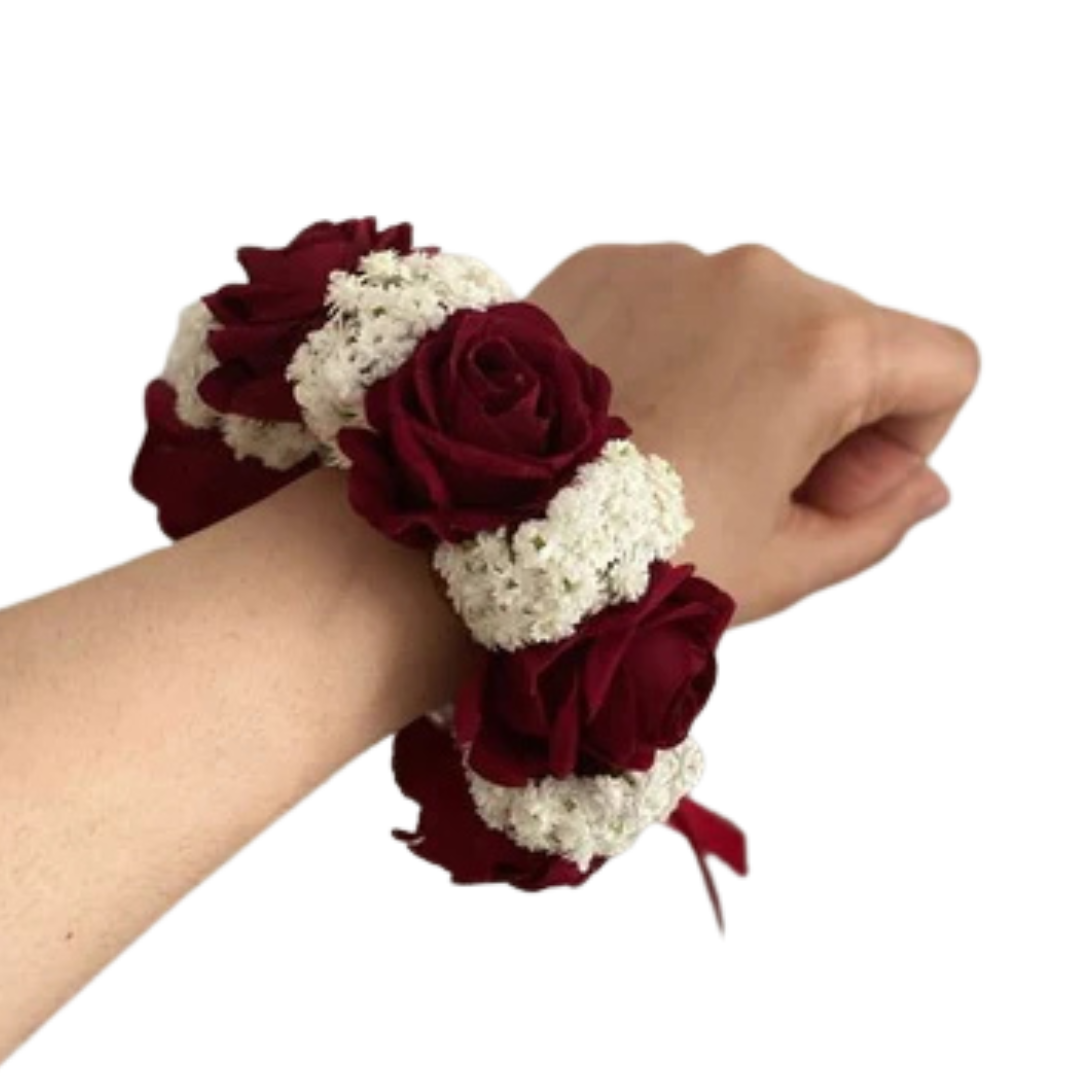 Red Rose & Baby's Breath Hand Gajra | Traditional Floral Accessory