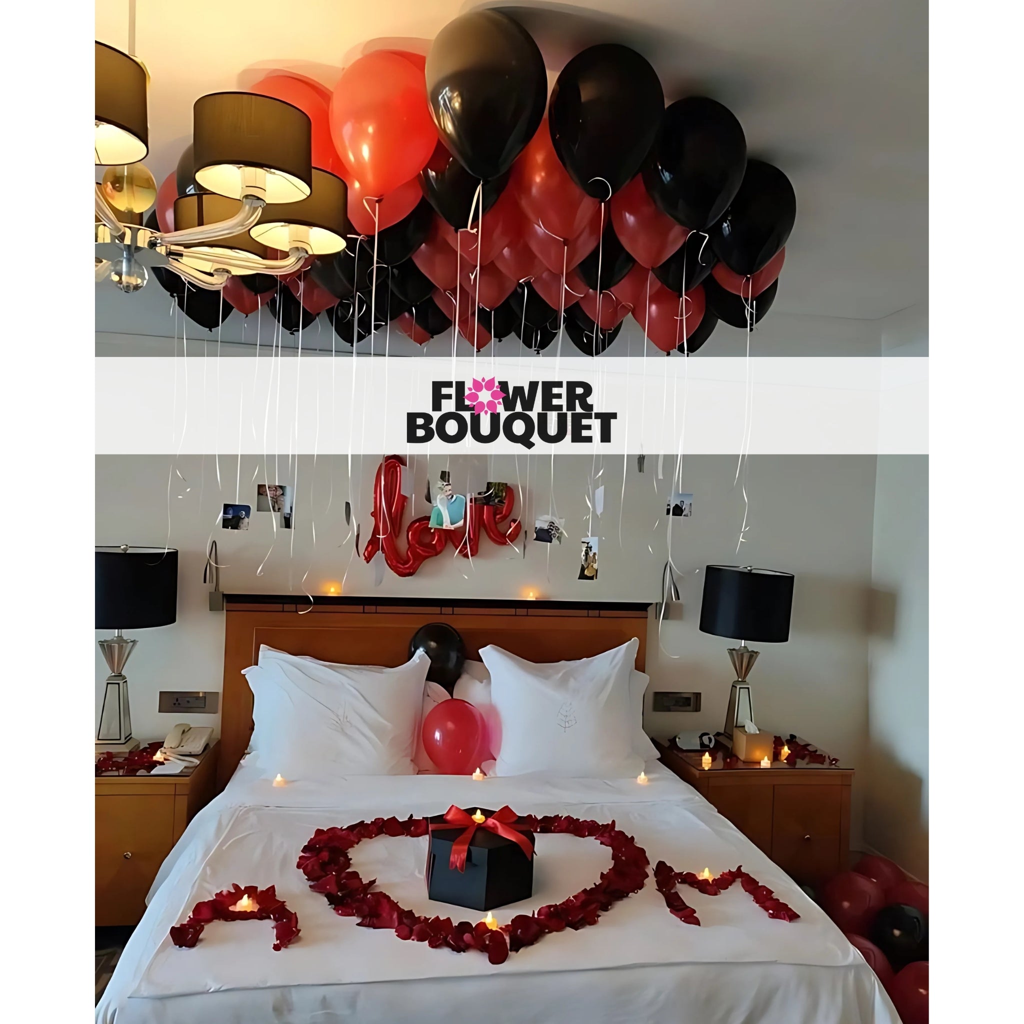 Romantic Balloon & Rose Petal Bedroom Setup