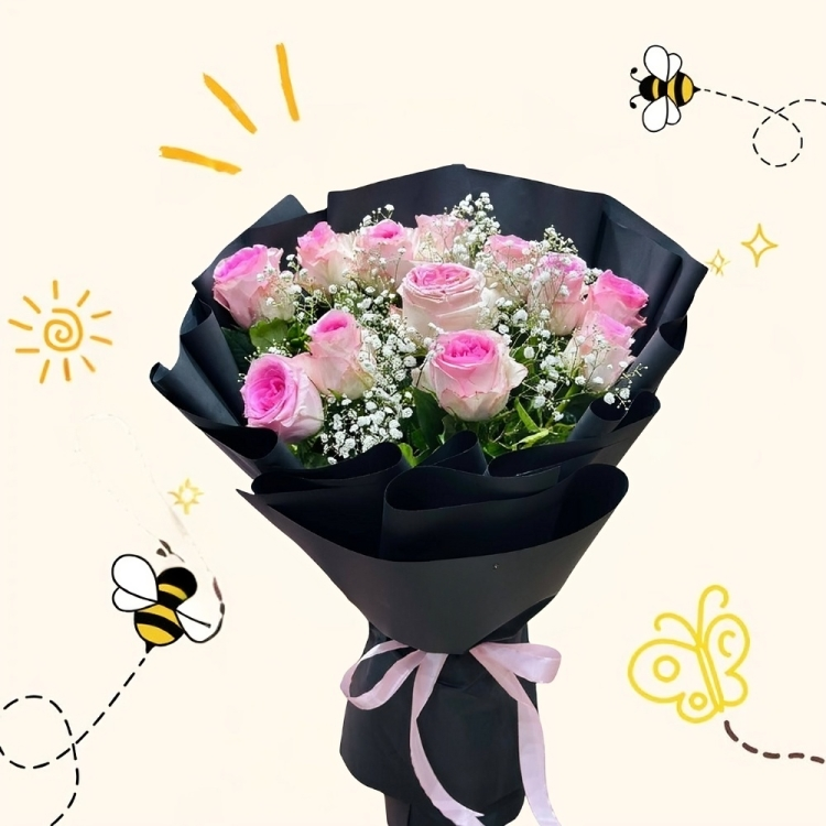Blushing Midnight Pink & White Roses Bouquet