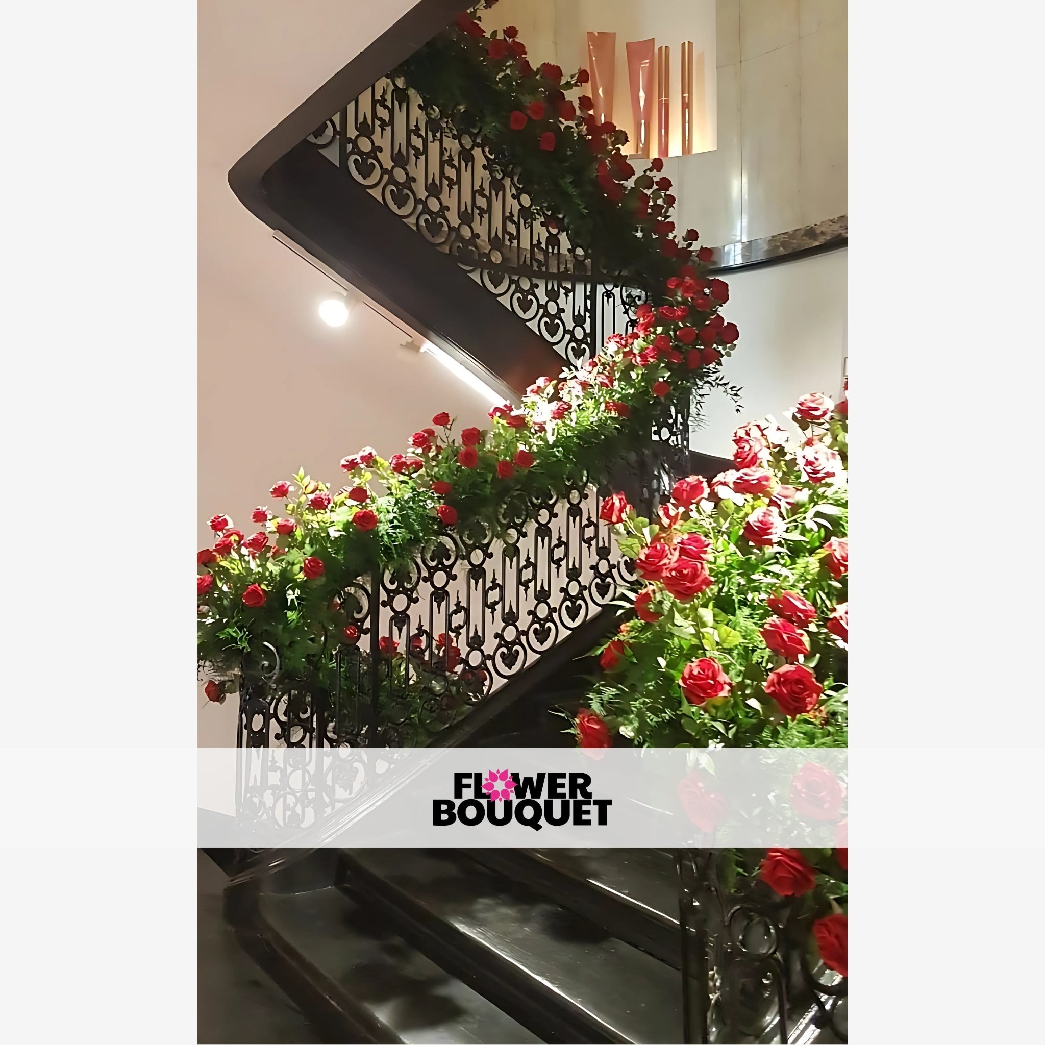 Beautiful Floral Staircase Display with Red & Pink Blooms