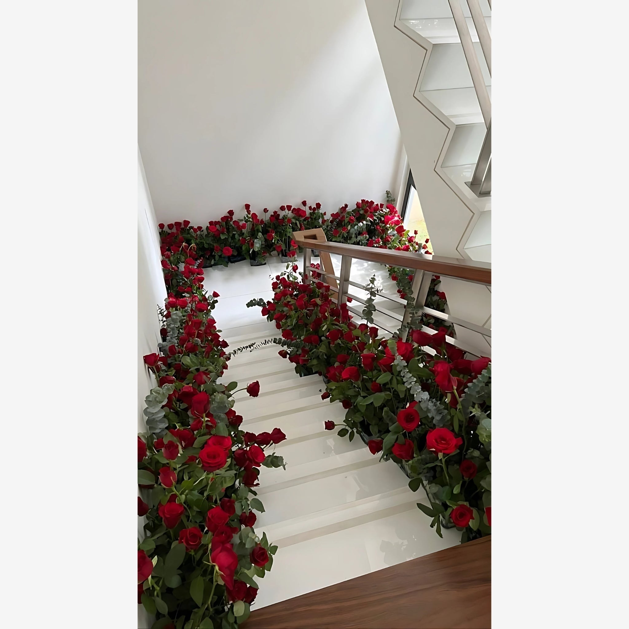 Beautiful Staircase Decor with Velvety Red Roses