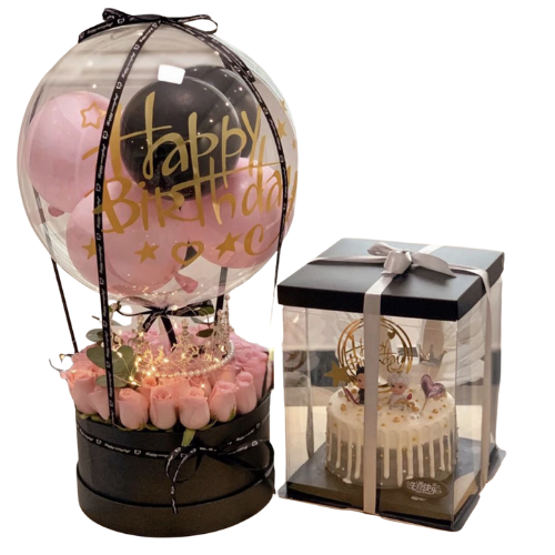 Birthday Balloon Gift Box with Cake & Roses – Pink Edition