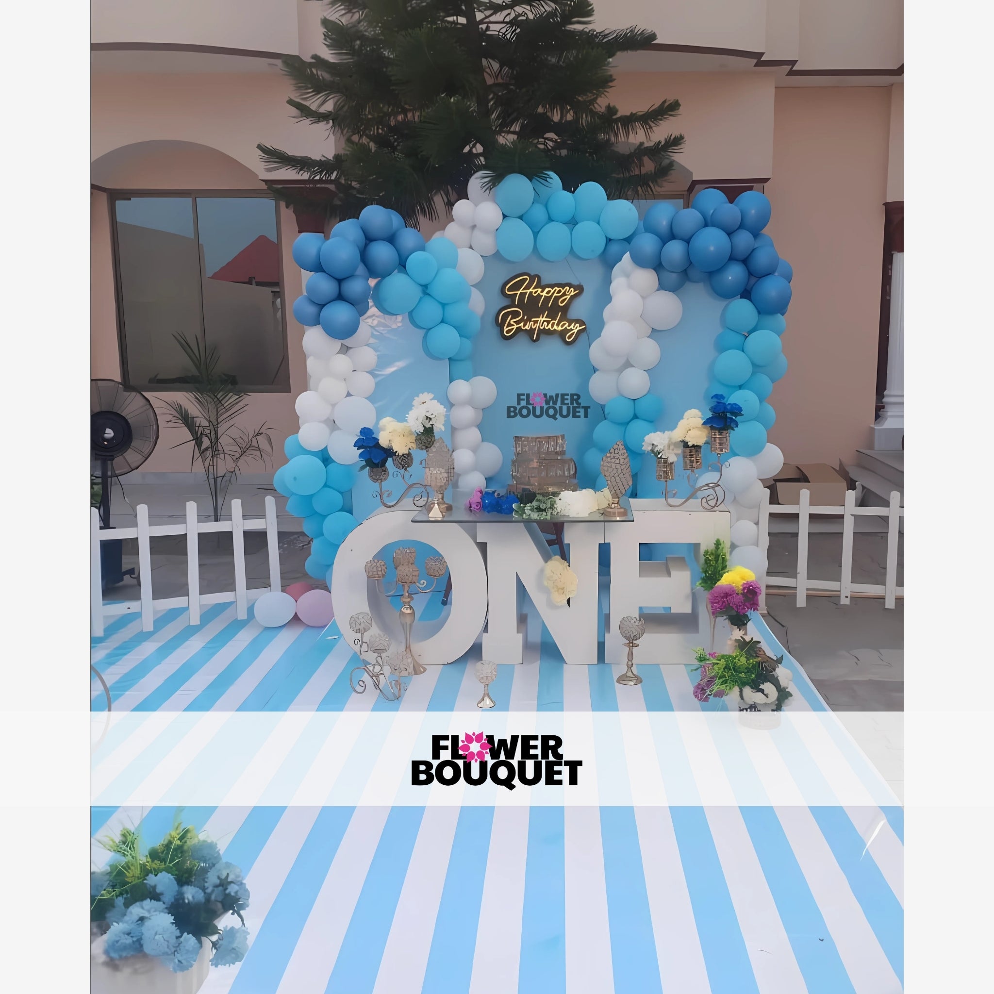 Elegant Blue and White First Birthday Setup