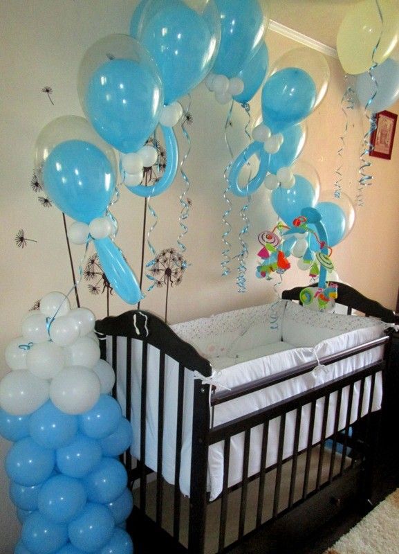 Elegant Blue & White Baby Boy Crib Balloon Setup