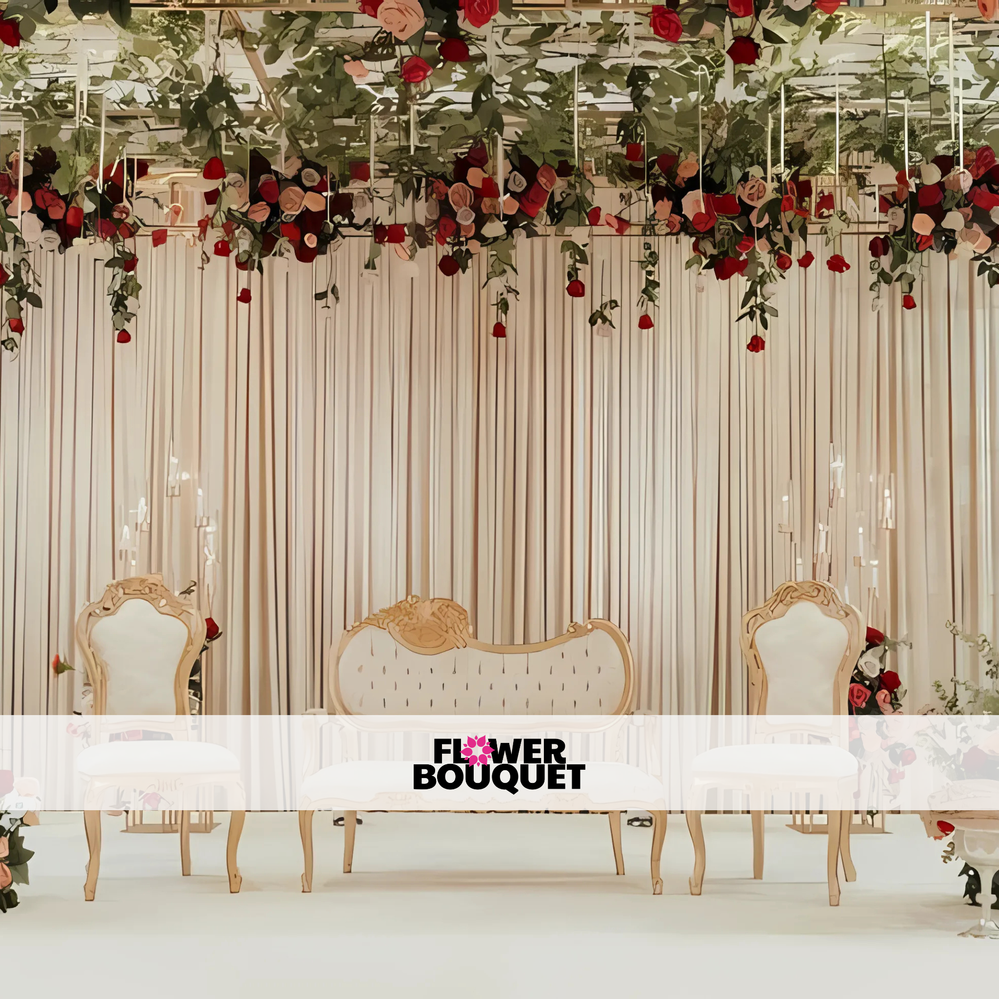 Elegant Floral Barat Stage Setup with Soft Beige Drapes