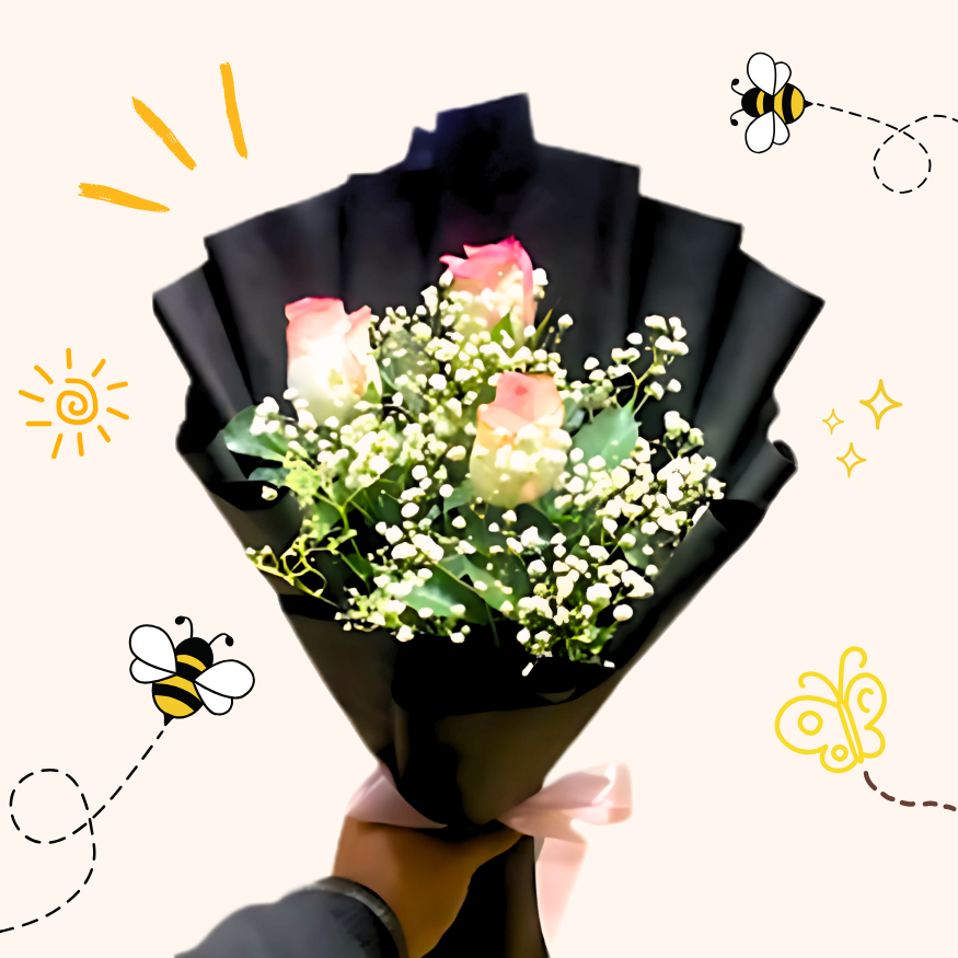 Elegant Black Wrapped Pink Rose Bouquet