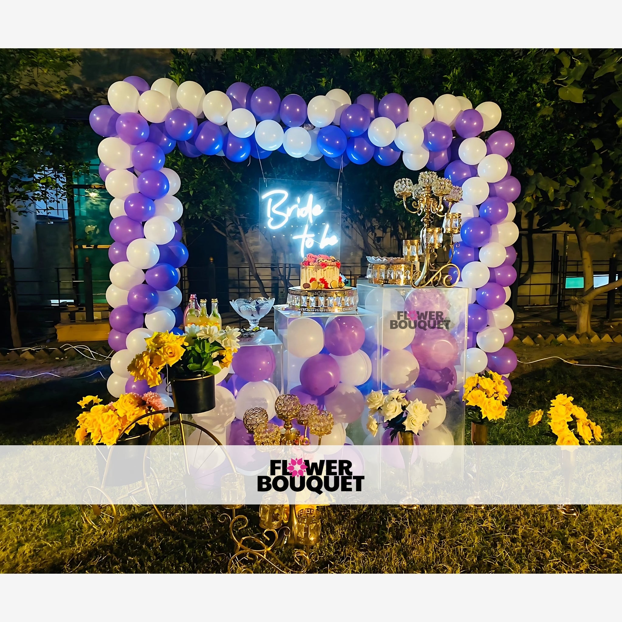 Elegant Bridal Event Setup with Balloon Arch & Neon Sign