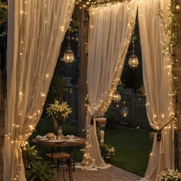 Elegant Garden Entrance with Lighted Drapes