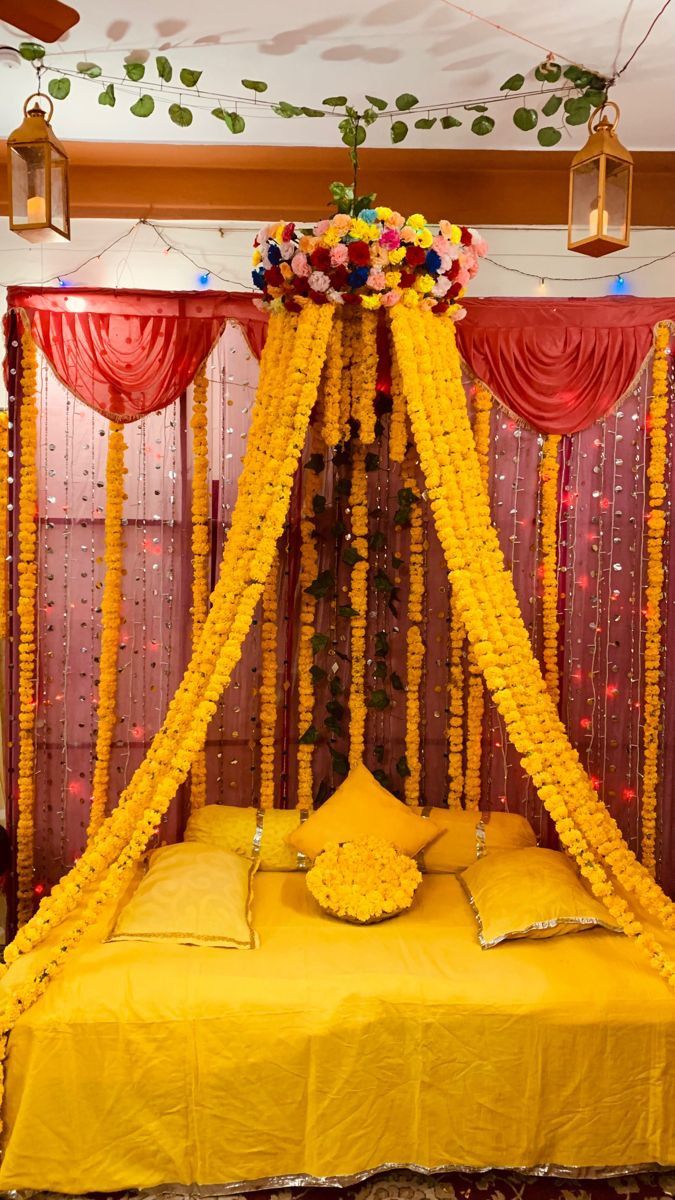 Elegant Mayo Floral Setup with Marigold Drapes & Traditional Pillows