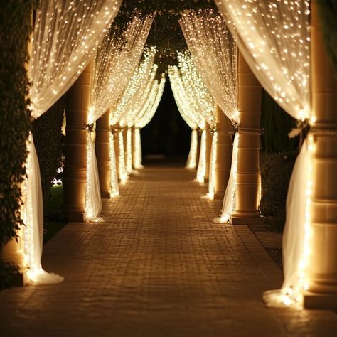 Elegant Outdoor Lighted Archway with Draped Curtains