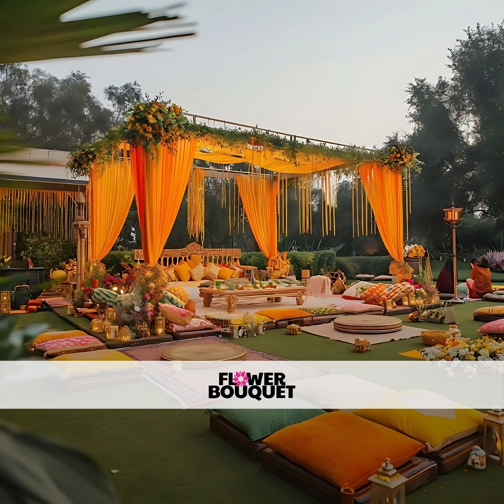 Elegant Outdoor Mehndi Pavilion with Floor Seating & Warm Lighting