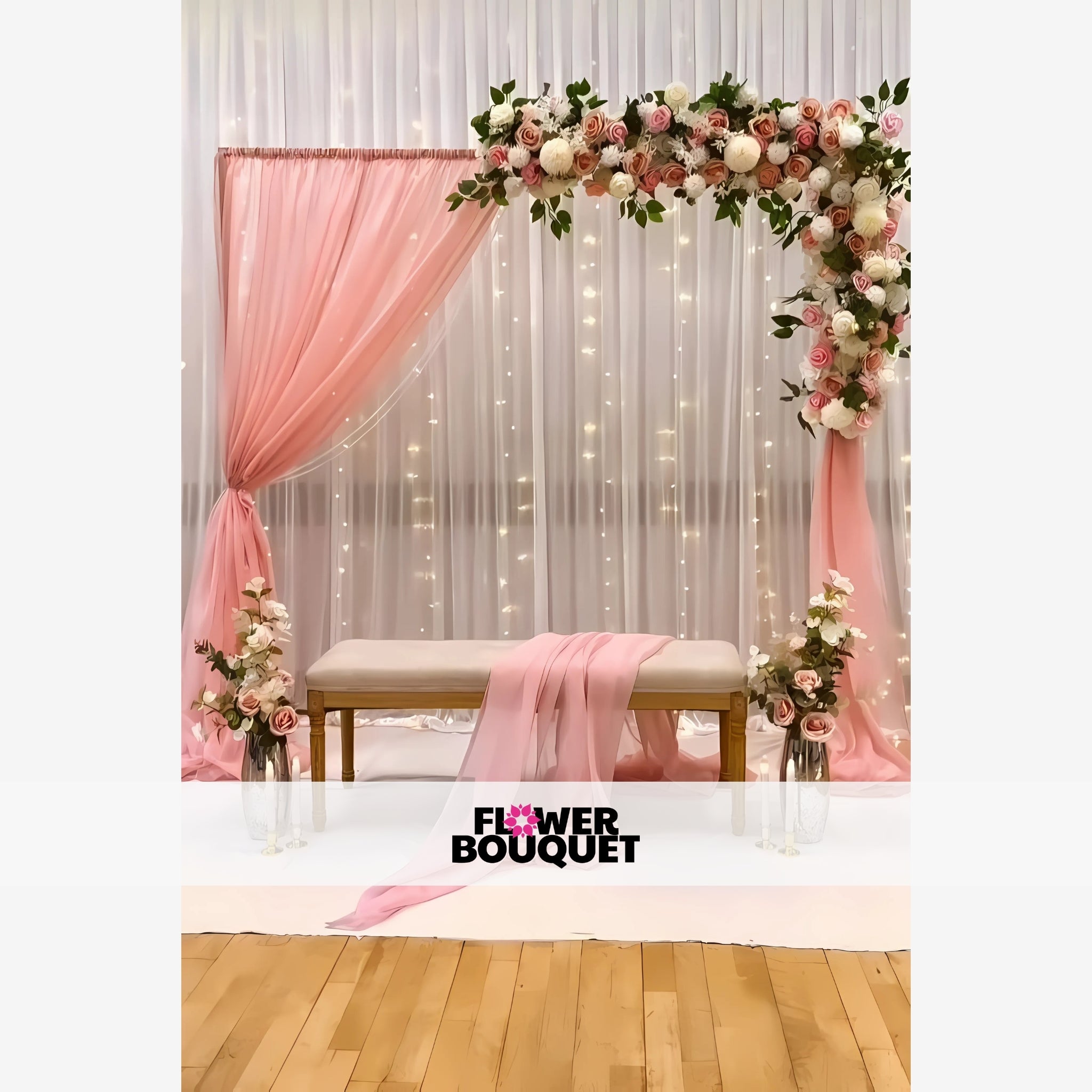Elegant Pink Nikah Backdrop with Floral Arch & Lights