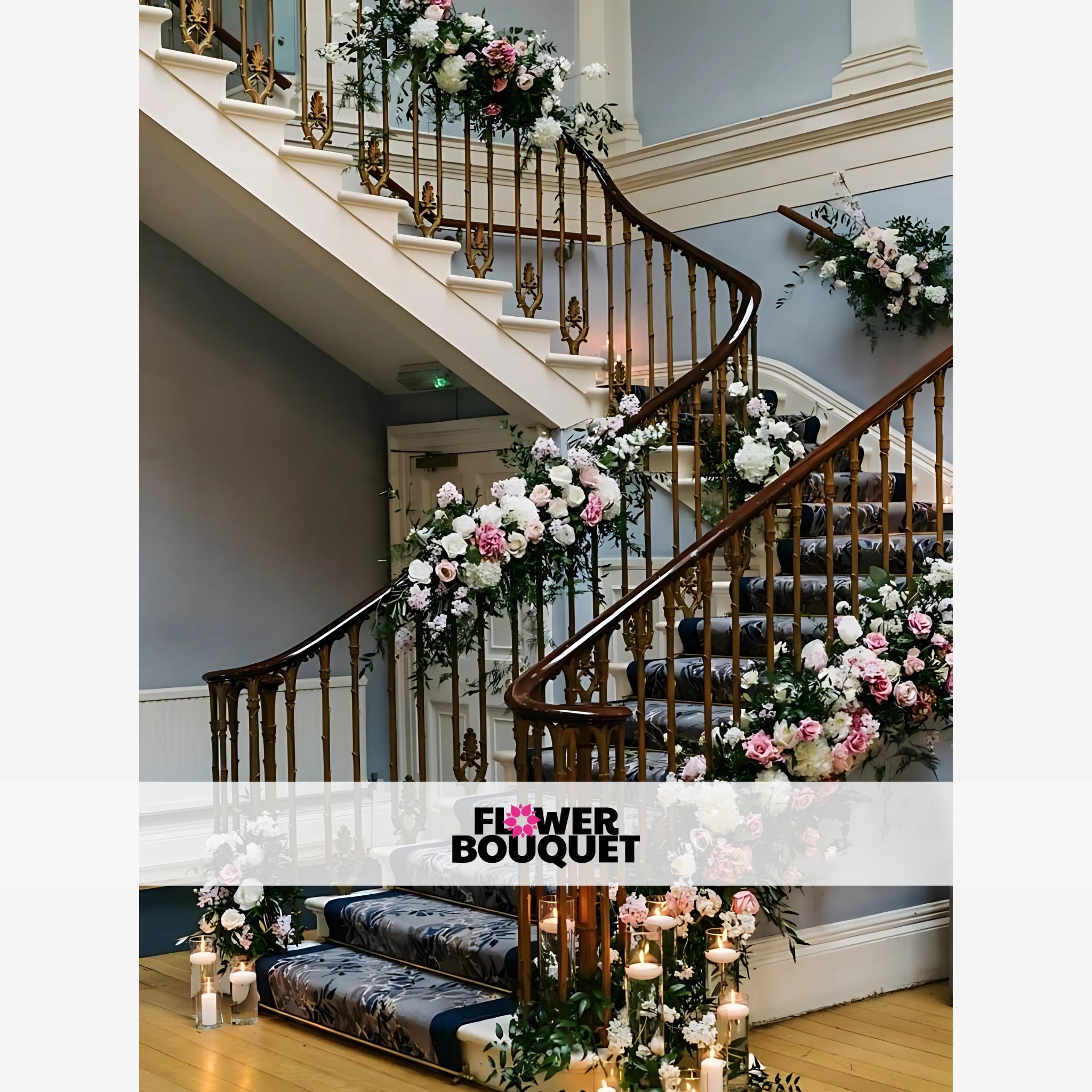 Elegant Staircase Floral Arrangement with Pink & White Blooms