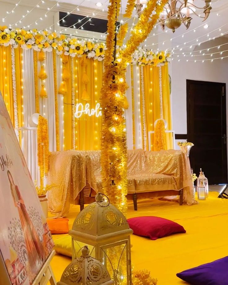 Elegant Yellow Mayo Setup with String Lights & Flower Decorations