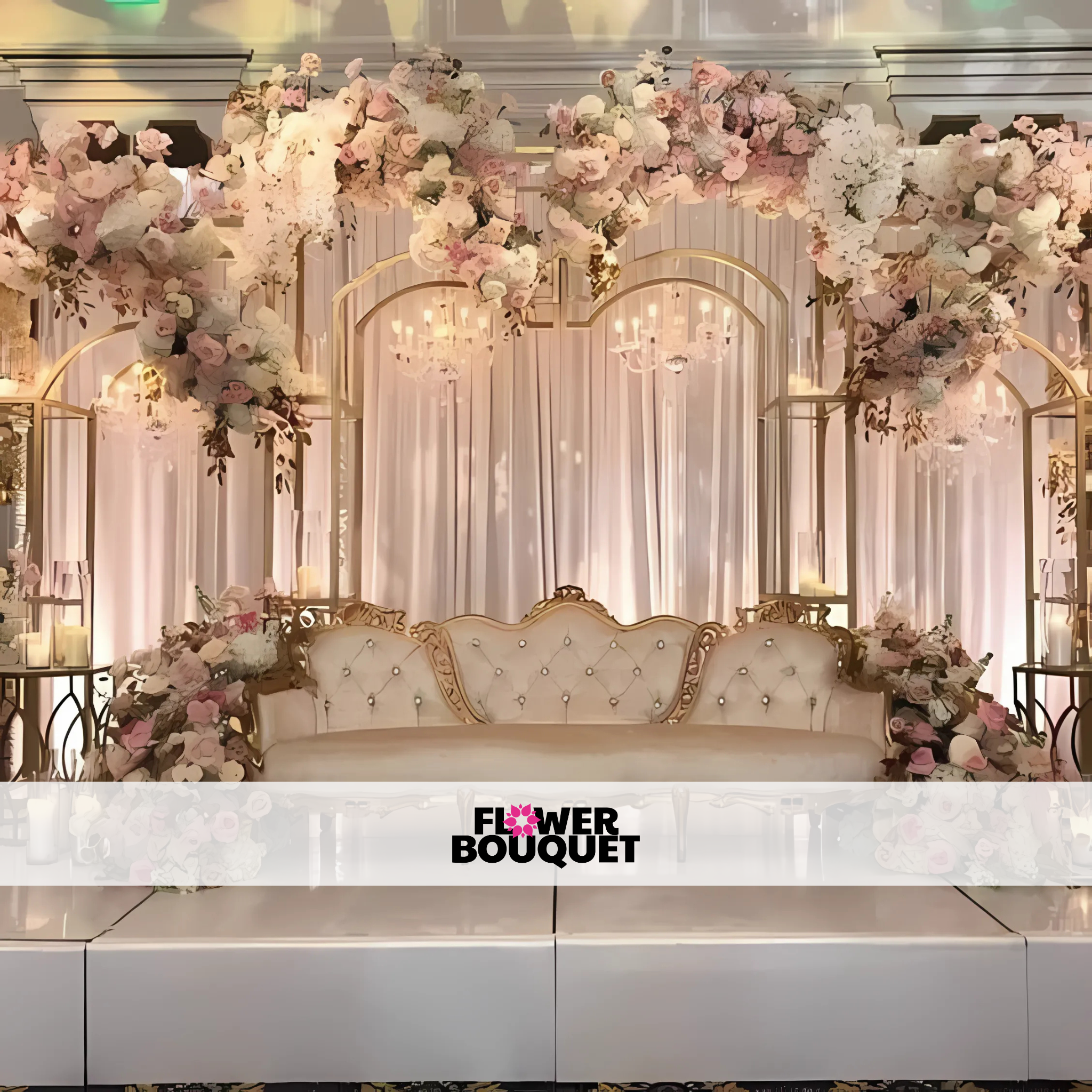 Fairytale Blush Wedding Stage with Floral Canopy & Gold Accents