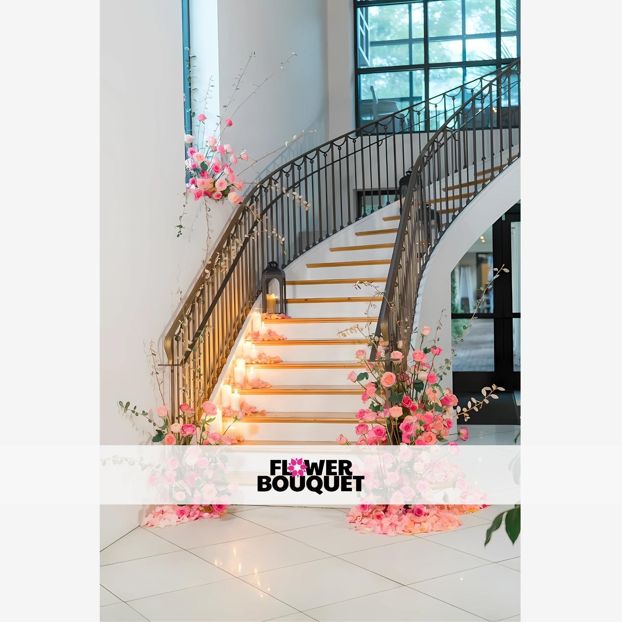 Enchanted Stairway Floral Display with Pink Roses