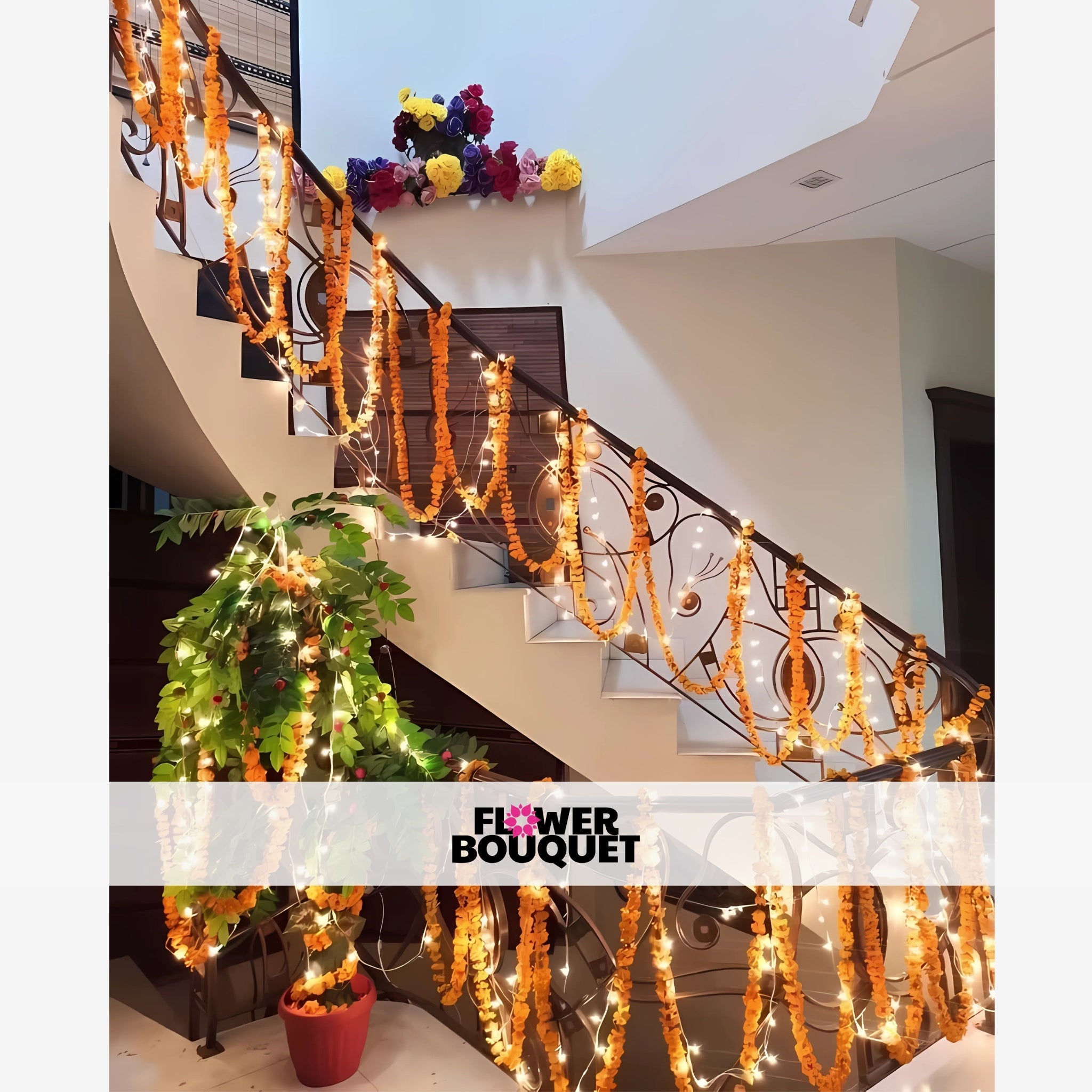 Enchanting Staircase Decor with Vibrant Floral Garlands