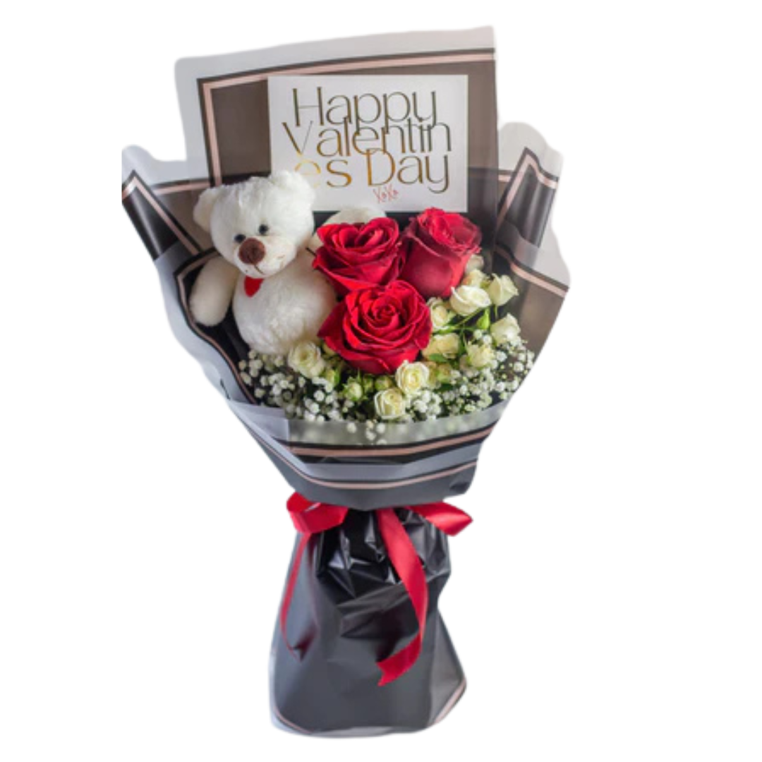Opulent Lustre Rose & Teddy Bear Bouquet | Charming Gift Set