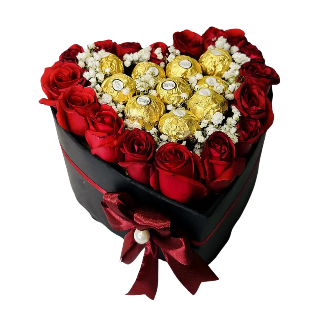 Heart Flowers & Ferrero Rocher Chocolate Box | Romantic Gift