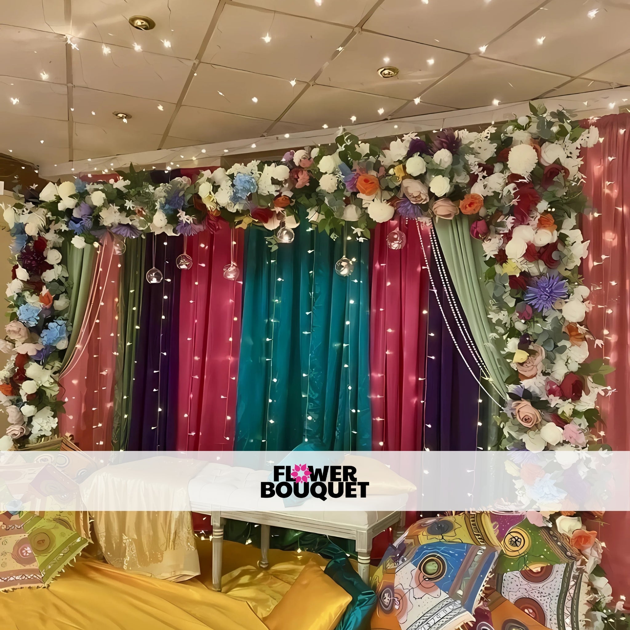 Fairy Light Mehndi Backdrop with Floral Elegance & Decorative Umbrellas