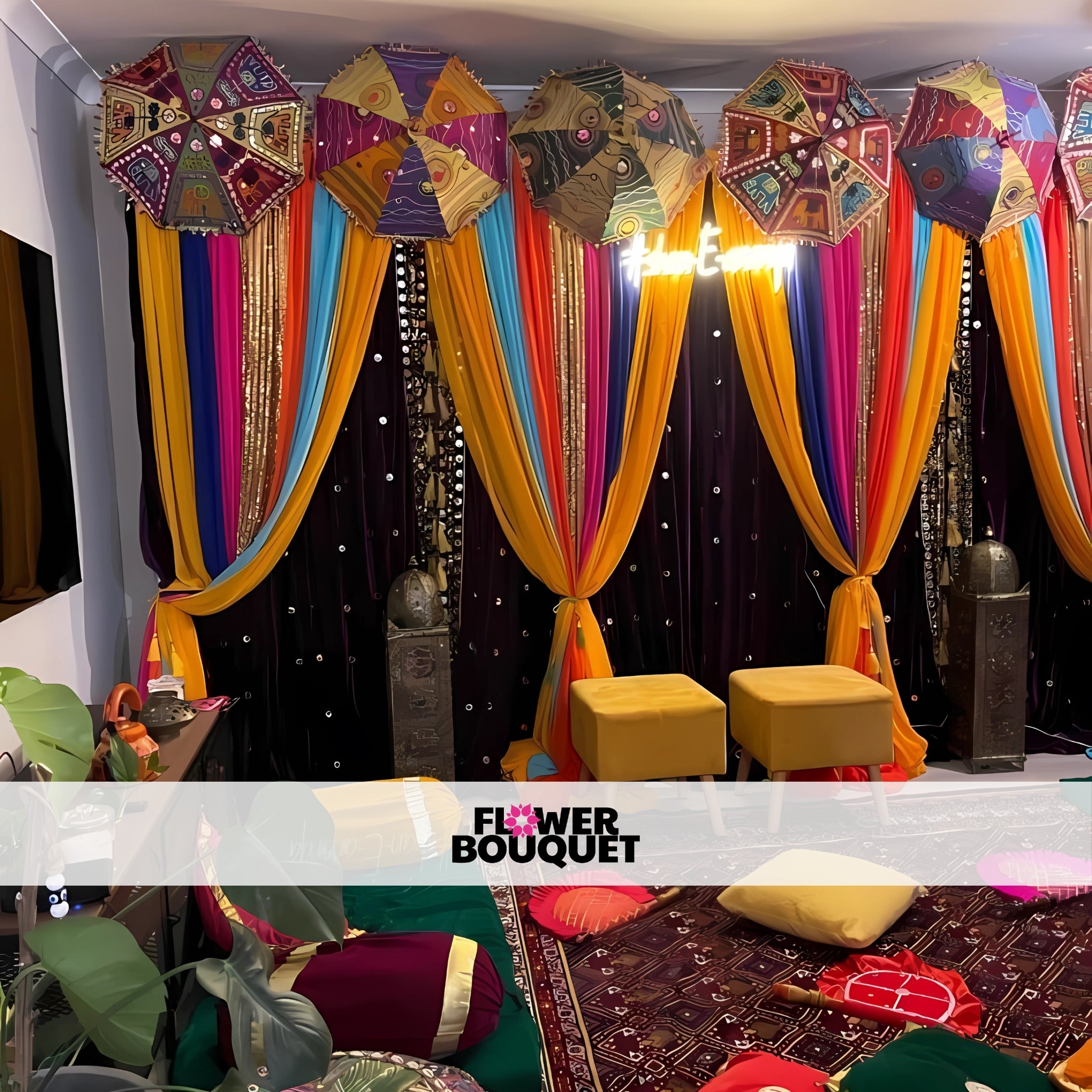 Festive Umbrella-Themed Mehndi Backdrop with Colorful Drapes