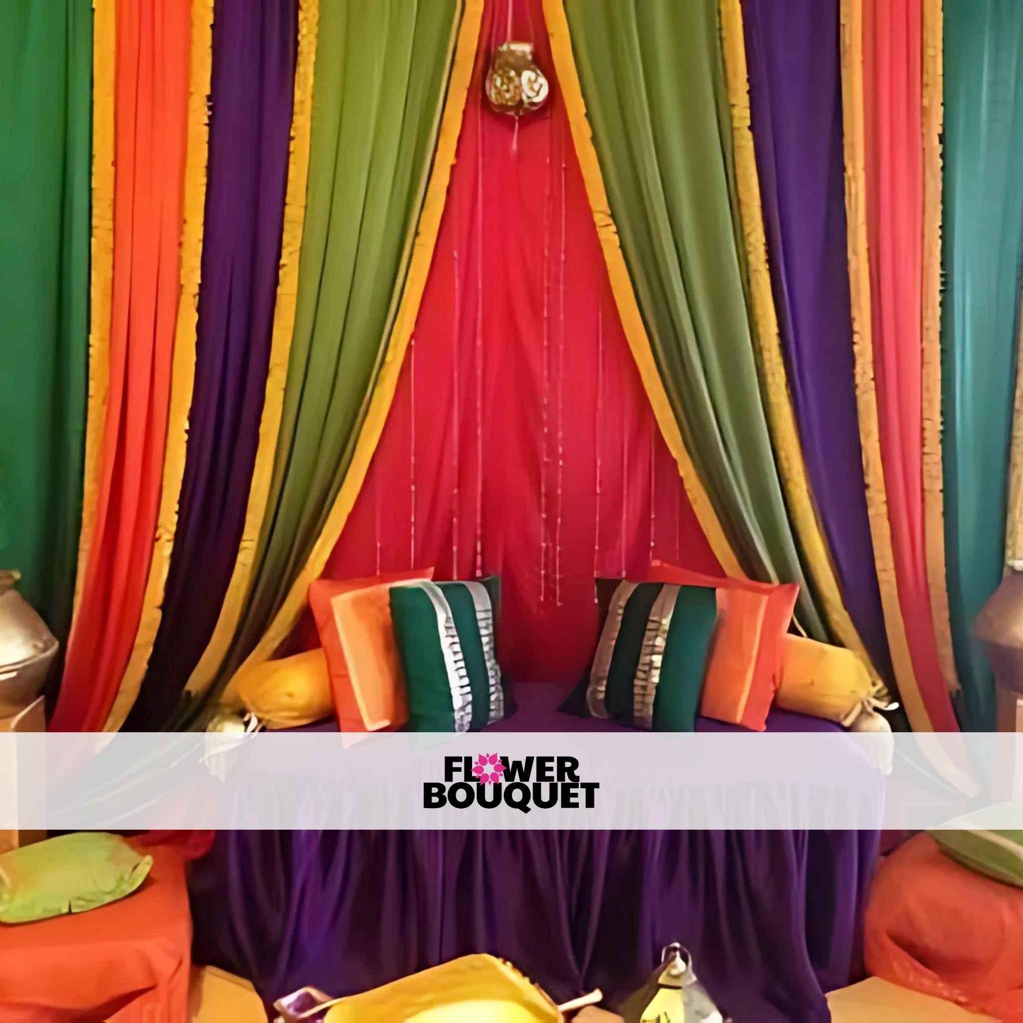 Floral Arch Mehndi Stage with Fairy Lights & Multicolored Drapes