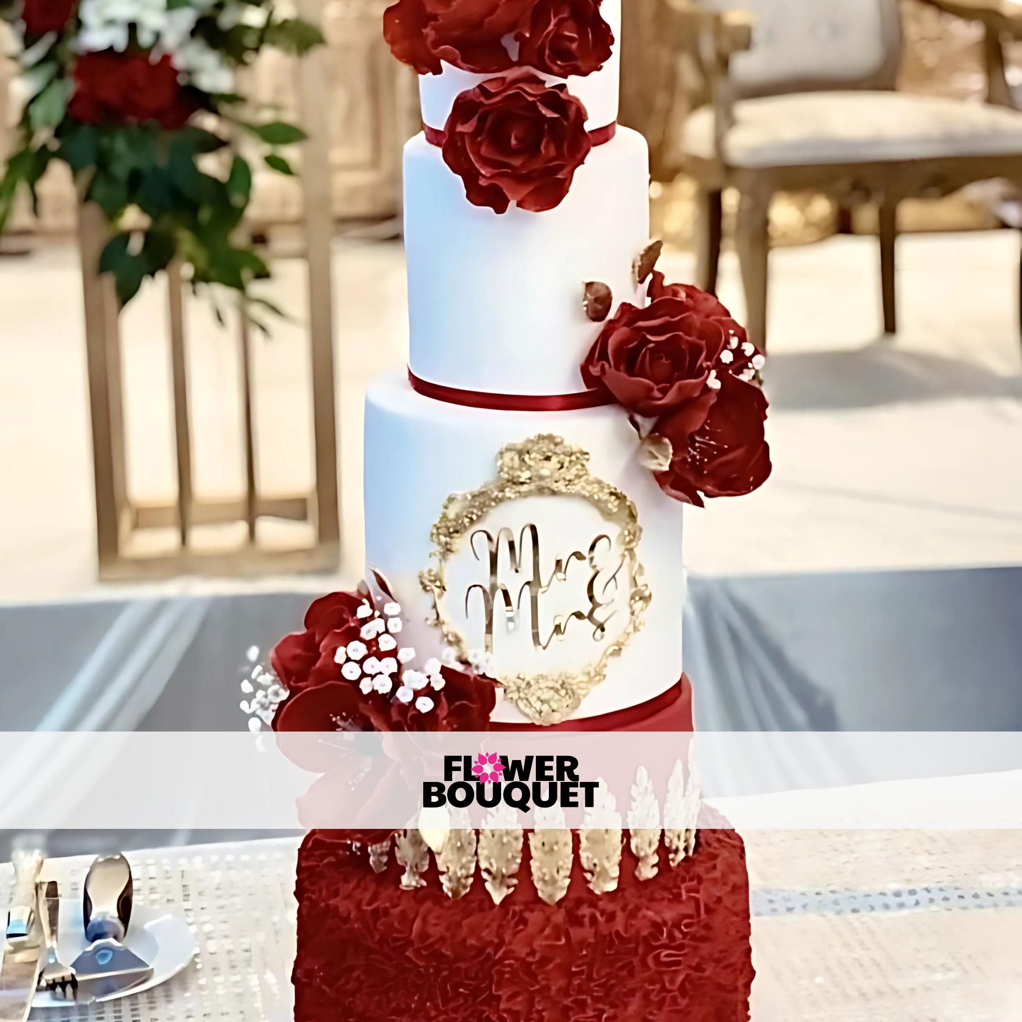 Luxury Red & Gold Wedding Cake with Elegant Floral Design
