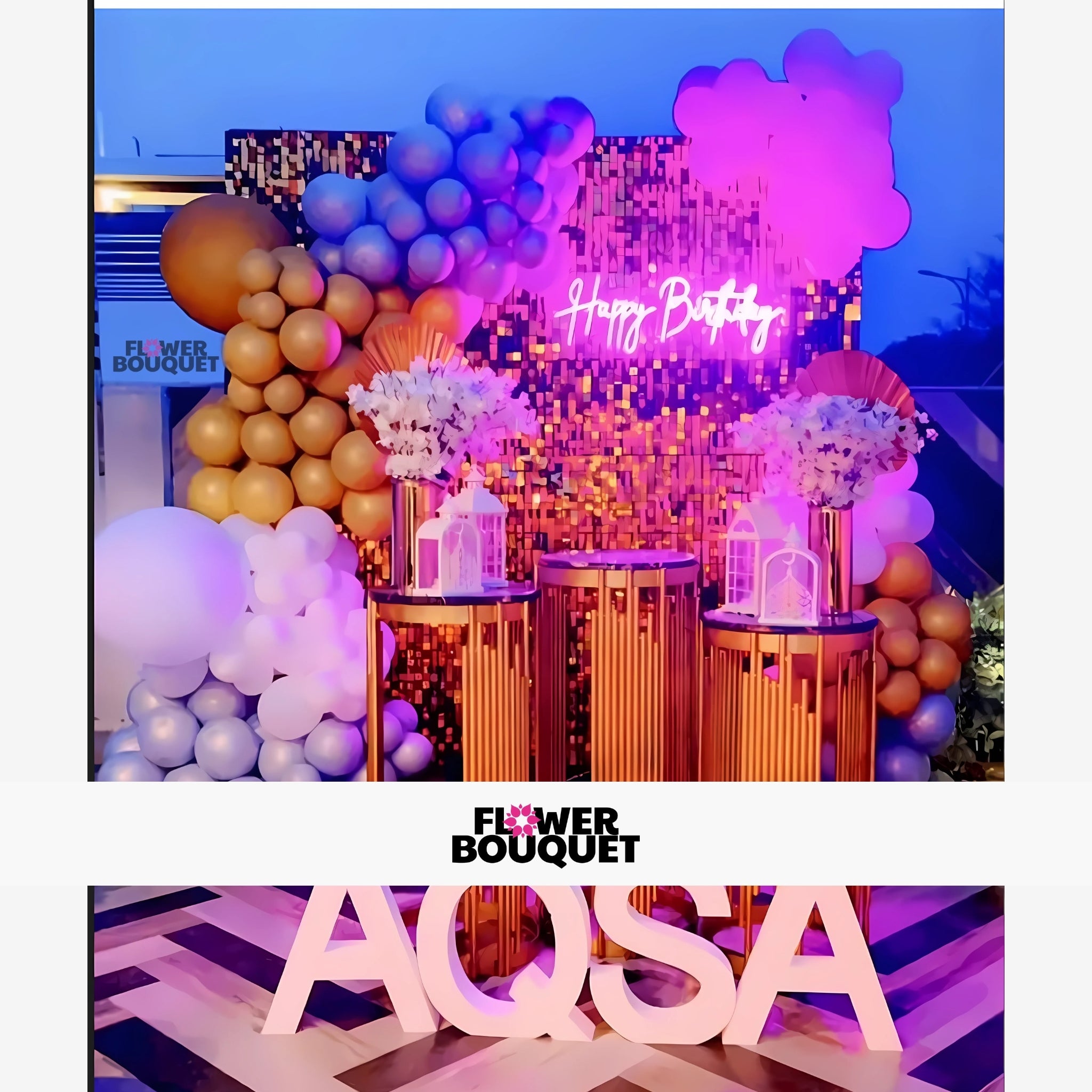 Golden Elegance Birthday Setup with Sequin Wall