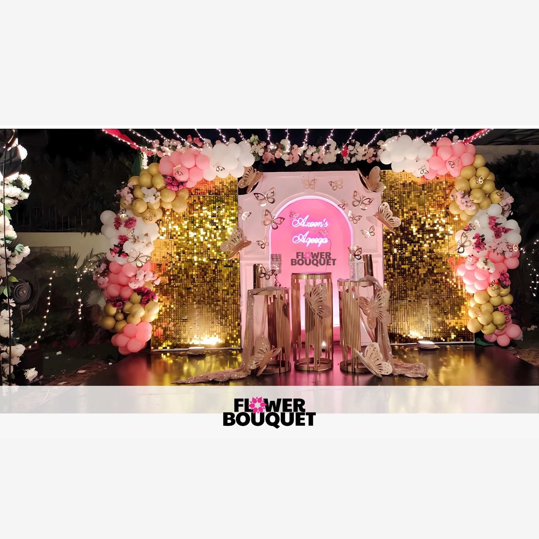 Lightening Golden Elegance Event Setup with Balloon Arch