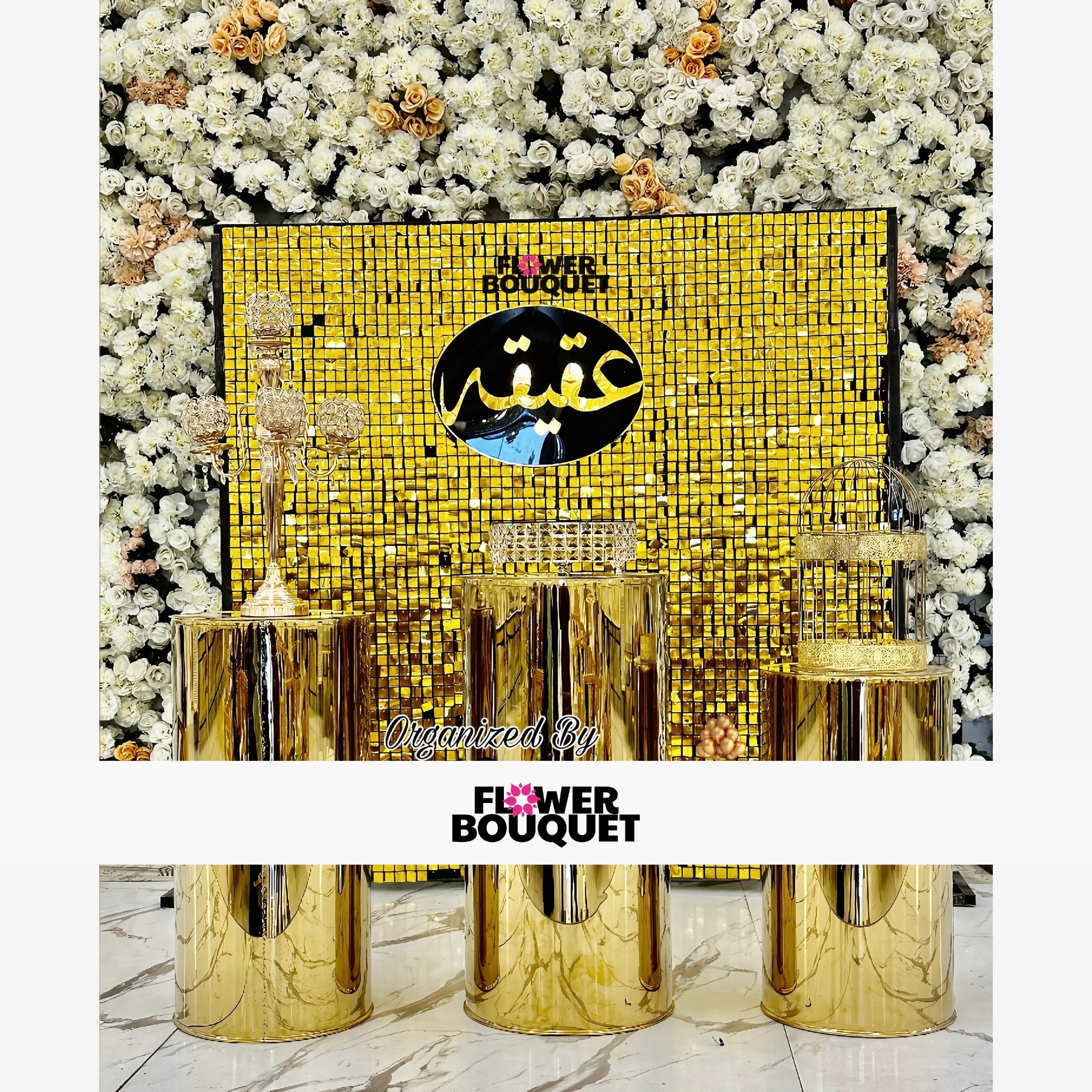 Luxurious Golden Event Display with Sequin Backdrop