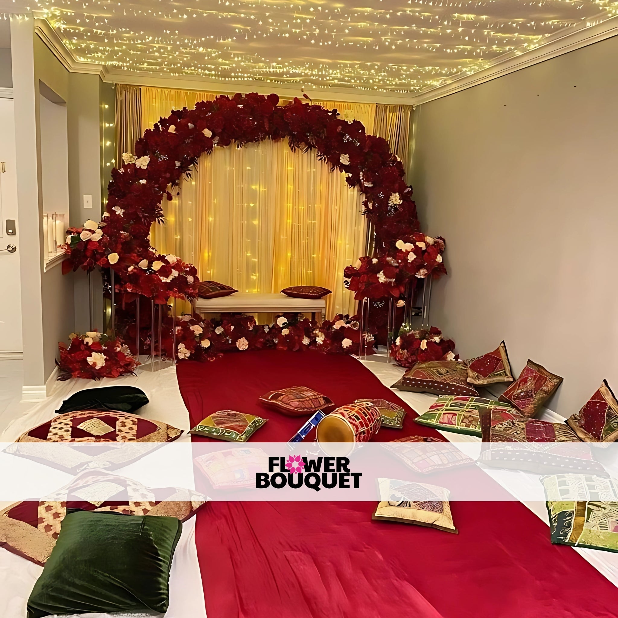 Luxurious Indoor Mehndi Setup with Red Floral Arch & Fairy Lights