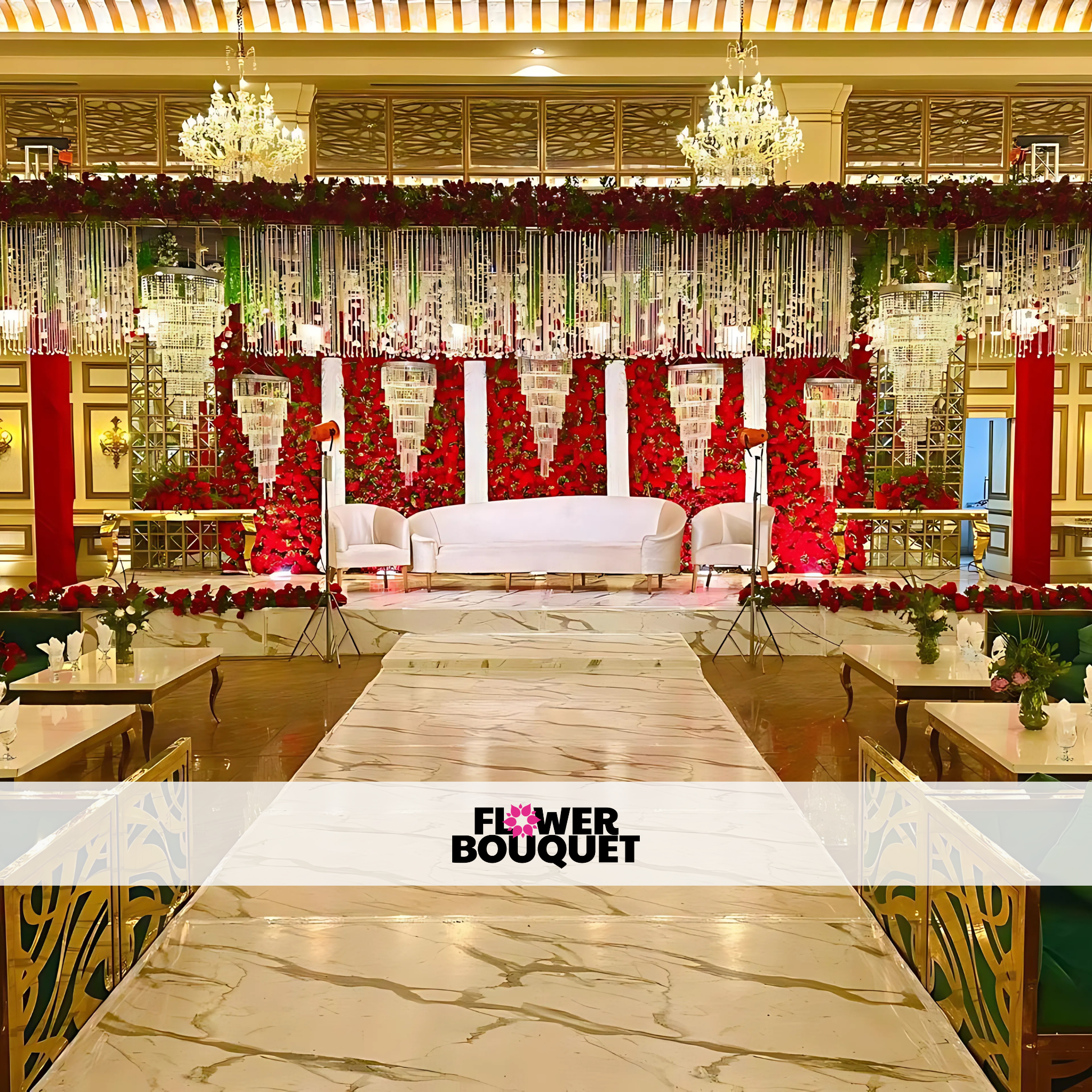 Grand Crimson Royal Walima Stage with Red Roses & Crystal Chandeliers